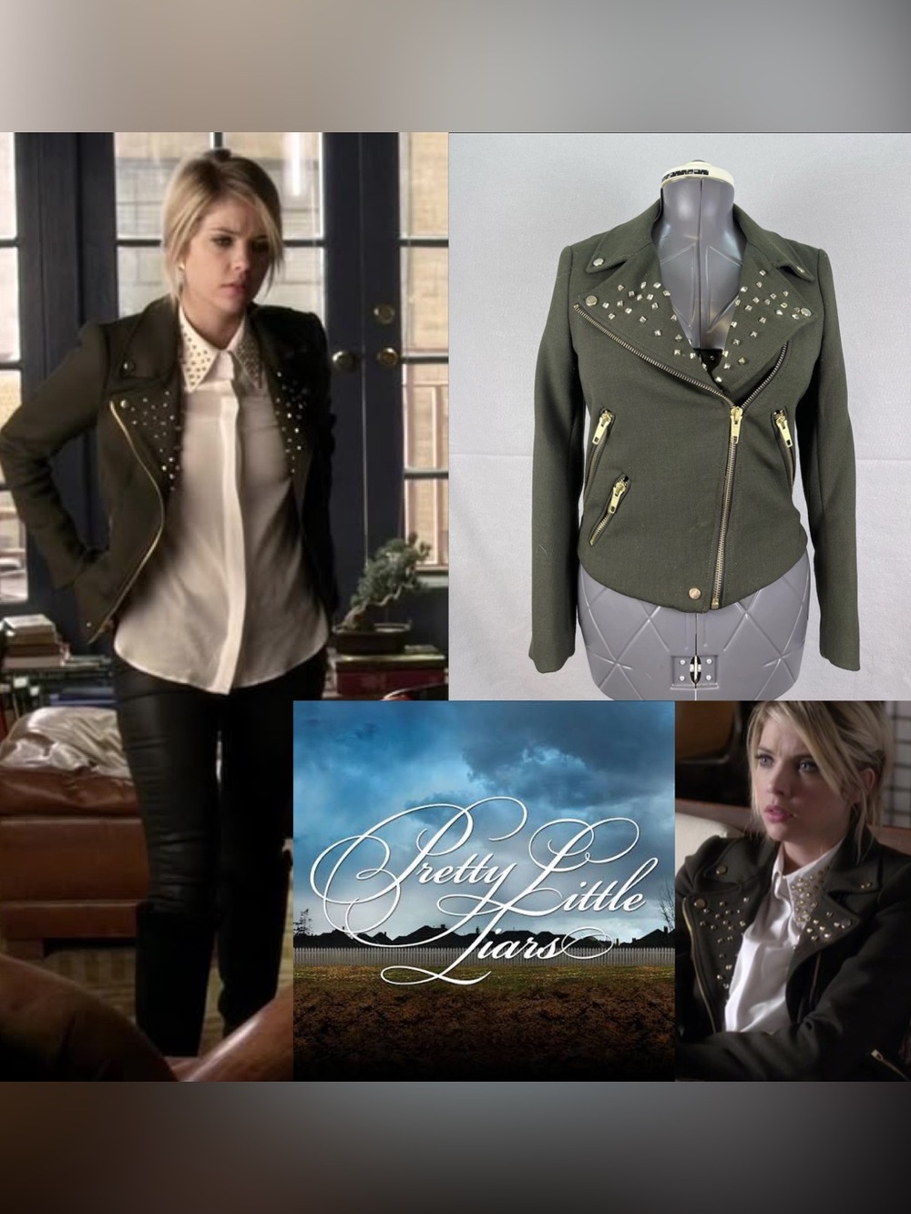 Zara Basic M Army Green Wool Blend Moto Studded Jacket Pretty Little Liars Hanna